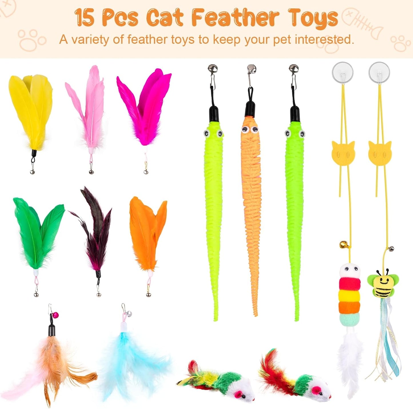 Depets Cat Wand Toy, 15 Pcs Interactive Cat Feather Toys, Cat Teaser Toy for Indoor Cats Self Play, 2 Play Modes Cat Toys Wand, Reusable Suction Cup Cat Toys for Indoor Cats Kittens Play Exercise