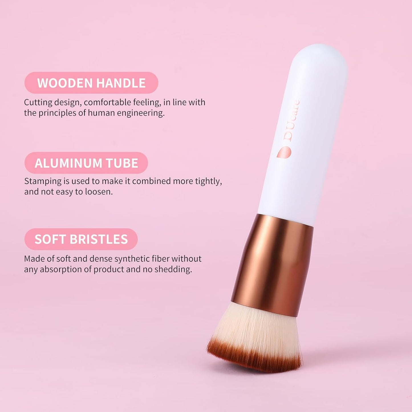 Foundation Brush, Flat-top Kabuki Brush, Synthetic Professional Makeup Brush, Liquid Blending Mineral Powder Buffing Tool, Rose Gold/White