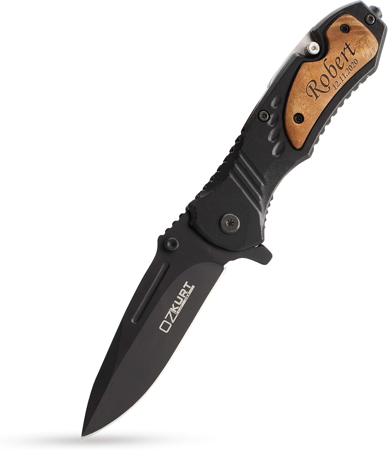 Personalized Pocket Knife For Men | 20 Fonts | Black Wood Customized Folding Stainless Steel Knife with Text, Personalized Gifts for Men, Dad Gifts from Daughter and Son, Camping Knives Gifts
