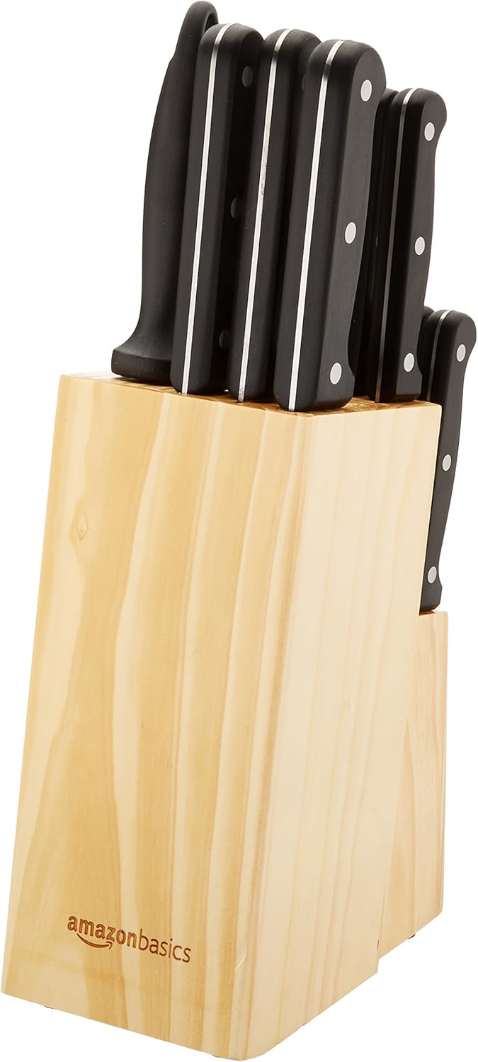 Amazon Basics 14-Piece High-Carbon Stainless Steel Kitchen Knife Set with Sharpener and Pine Wood Block, Black