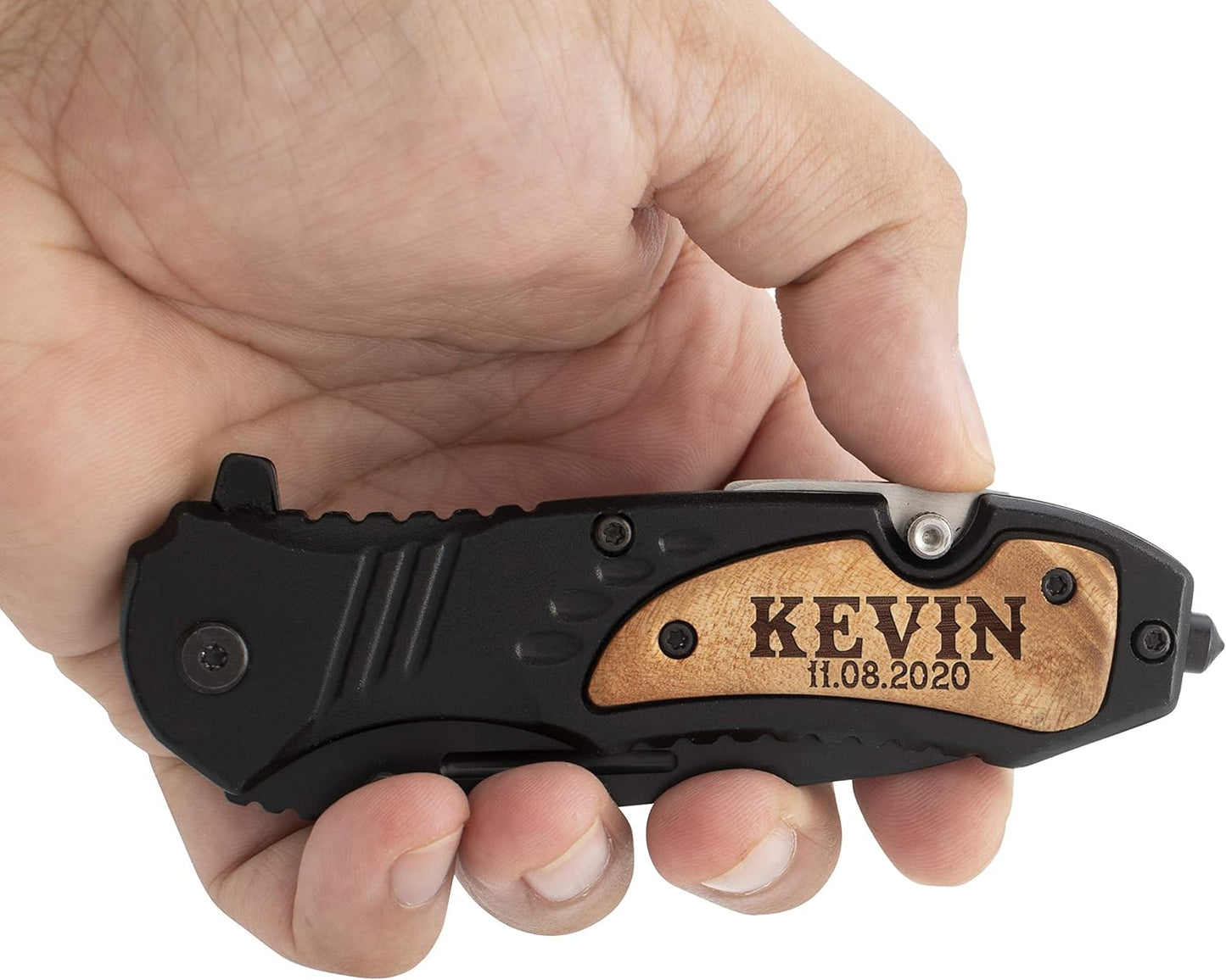 Personalized Pocket Knife For Men | 20 Fonts | Black Wood Customized Folding Stainless Steel Knife with Text, Personalized Gifts for Men, Dad Gifts from Daughter and Son, Camping Knives Gifts