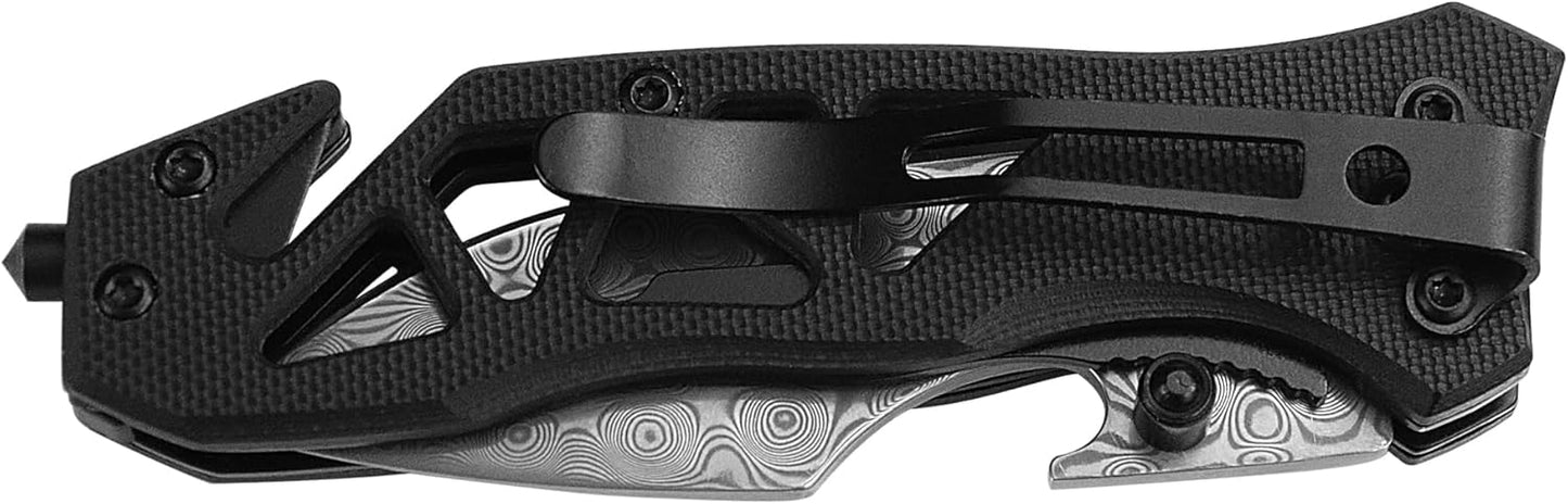 XIPHIAS Cool Folding Pocket Knife with Glass Breaker, Bottle Opener and Rope Cutter, Birthday Father's Day (Damascus)