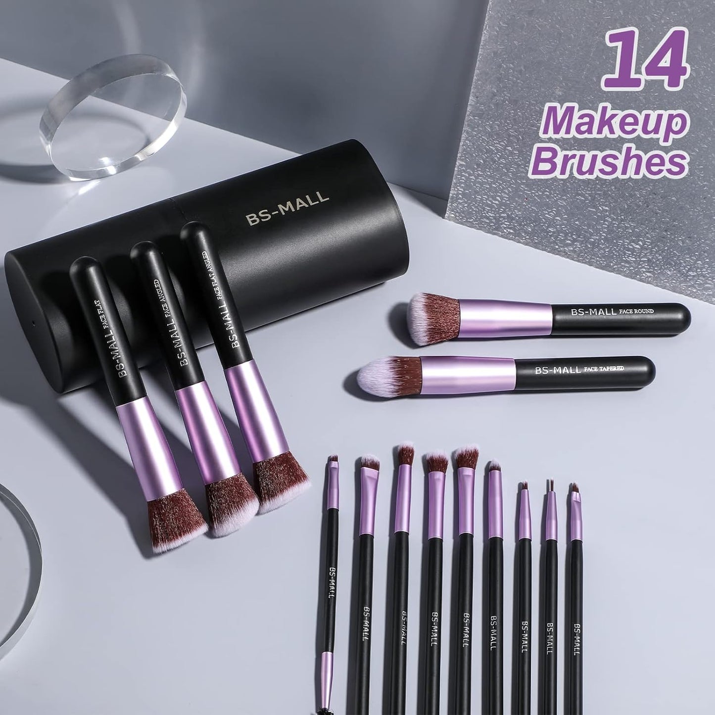 Premium Synthetic Makeup Brushes for Foundation, Powder, Concealer and Eyeshadow, 14 Pieces, in Purple Color