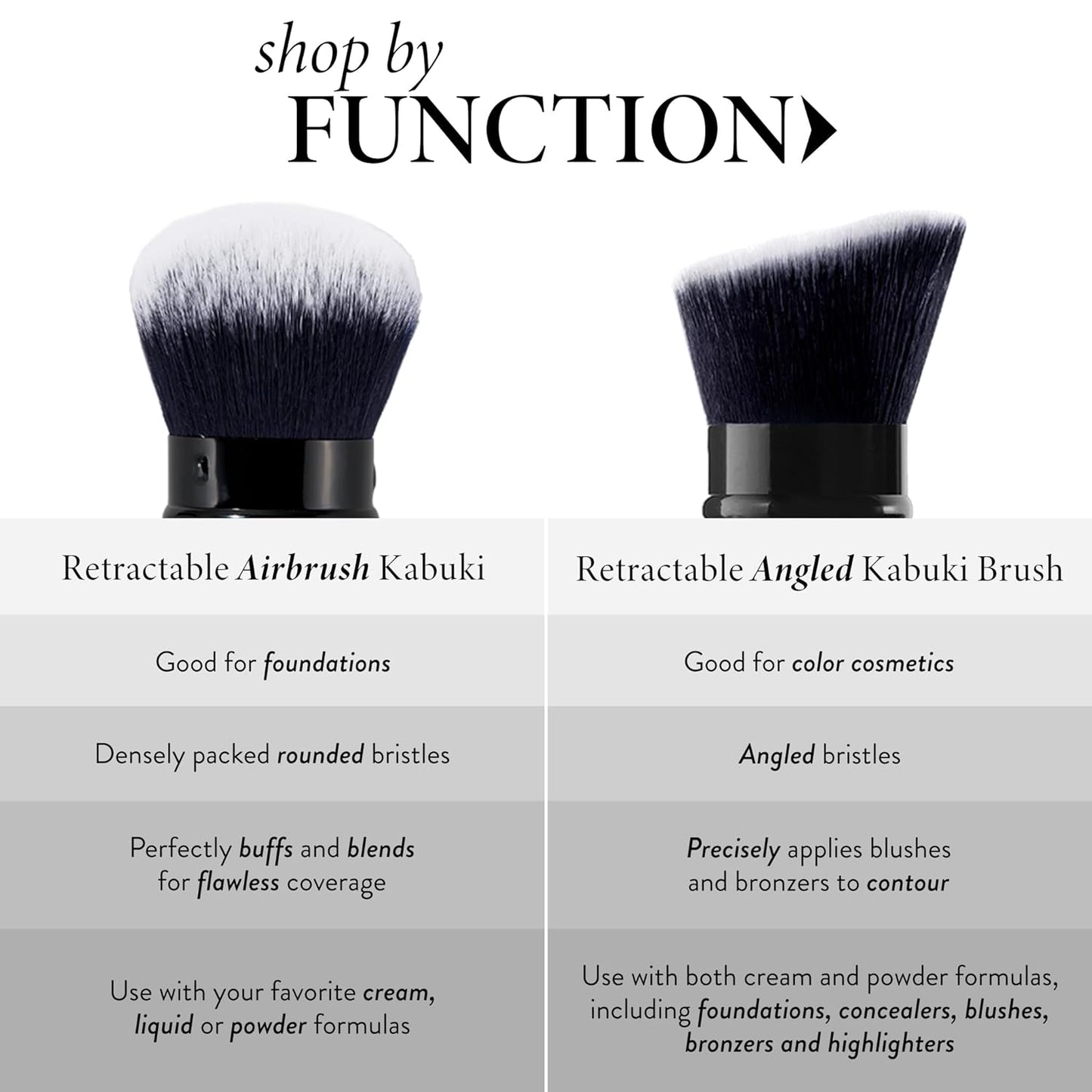 Retractable Black Kabuki Makeup Brush, suitable for liquid, cream and powder facial cosmetics, with an aluminum handle.