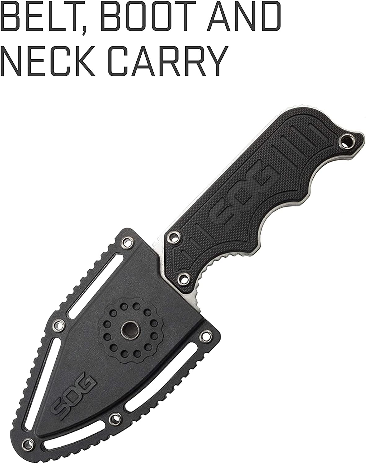 SOG Small Fixed Blade Knife - Instinct Boot Knife, EDC Knife, Neck Knife. It has a 2.3-inch (approx. 5.8 cm) full tang blade and comes with a knife sheath and a clip. The dimensions are 4 inches x 1 inch x 8.5 inches.