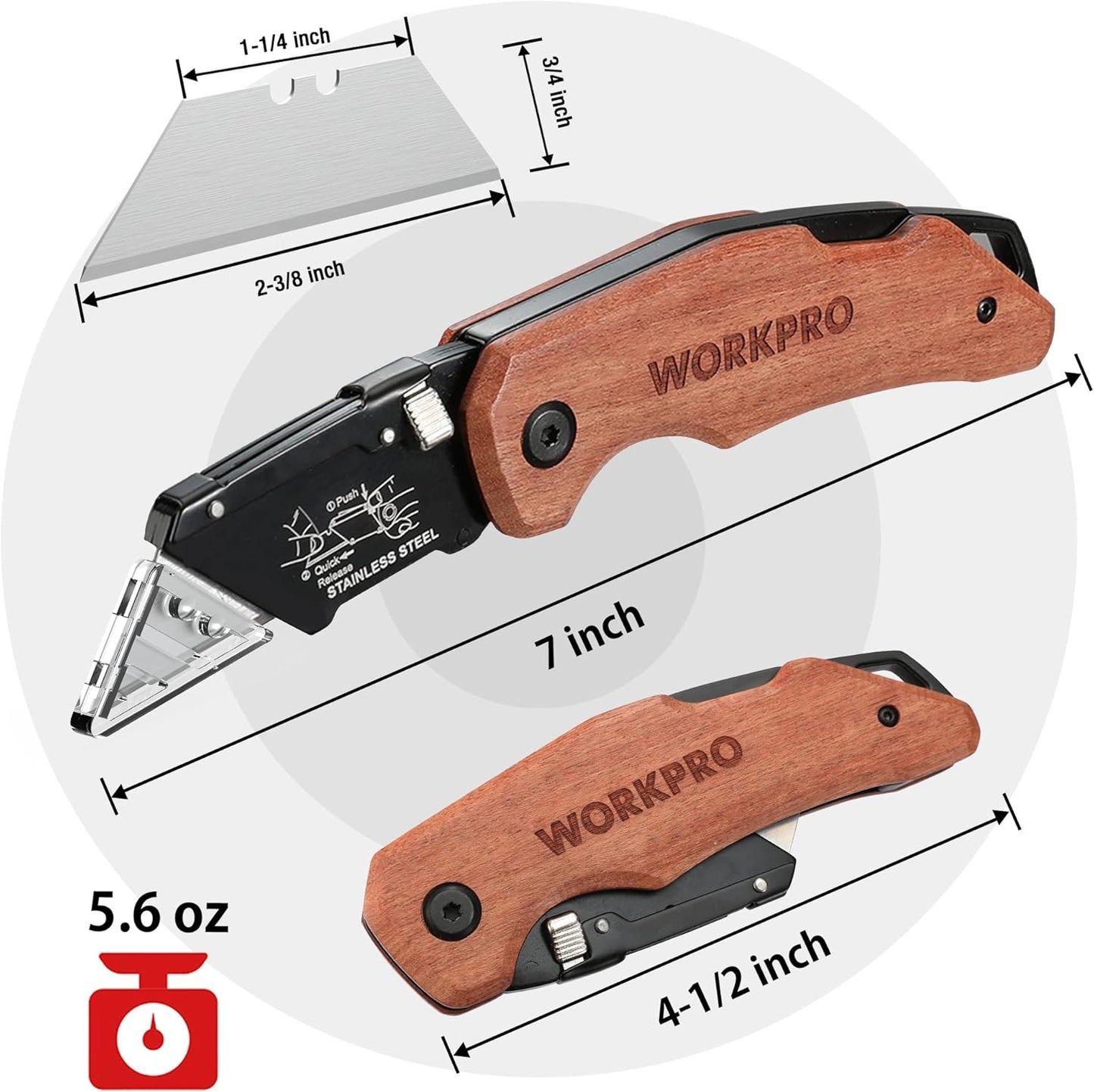 WORKPRO Folding Practical Knife with Stainless Steel Head, Quick Replacement of Blades and Rear Lock, Wooden Handle Heavy Duty Box Knife, 1 Razor Knife with 10 additional SK5 Blades