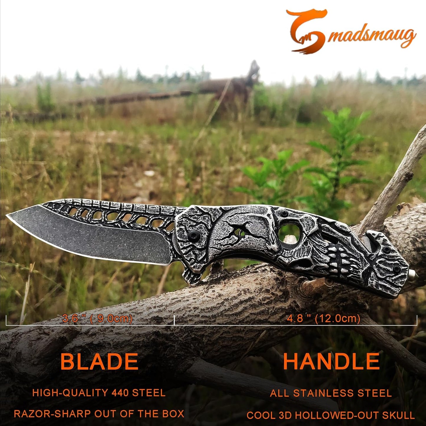 Pocket Knife, Cool SKULL Pocket Folding Knife with Seatbelt cutter & Window Breaker, Great festival Christmas Gift EDC knife For Men Outdoor Survival Camping (Stone-wash)
