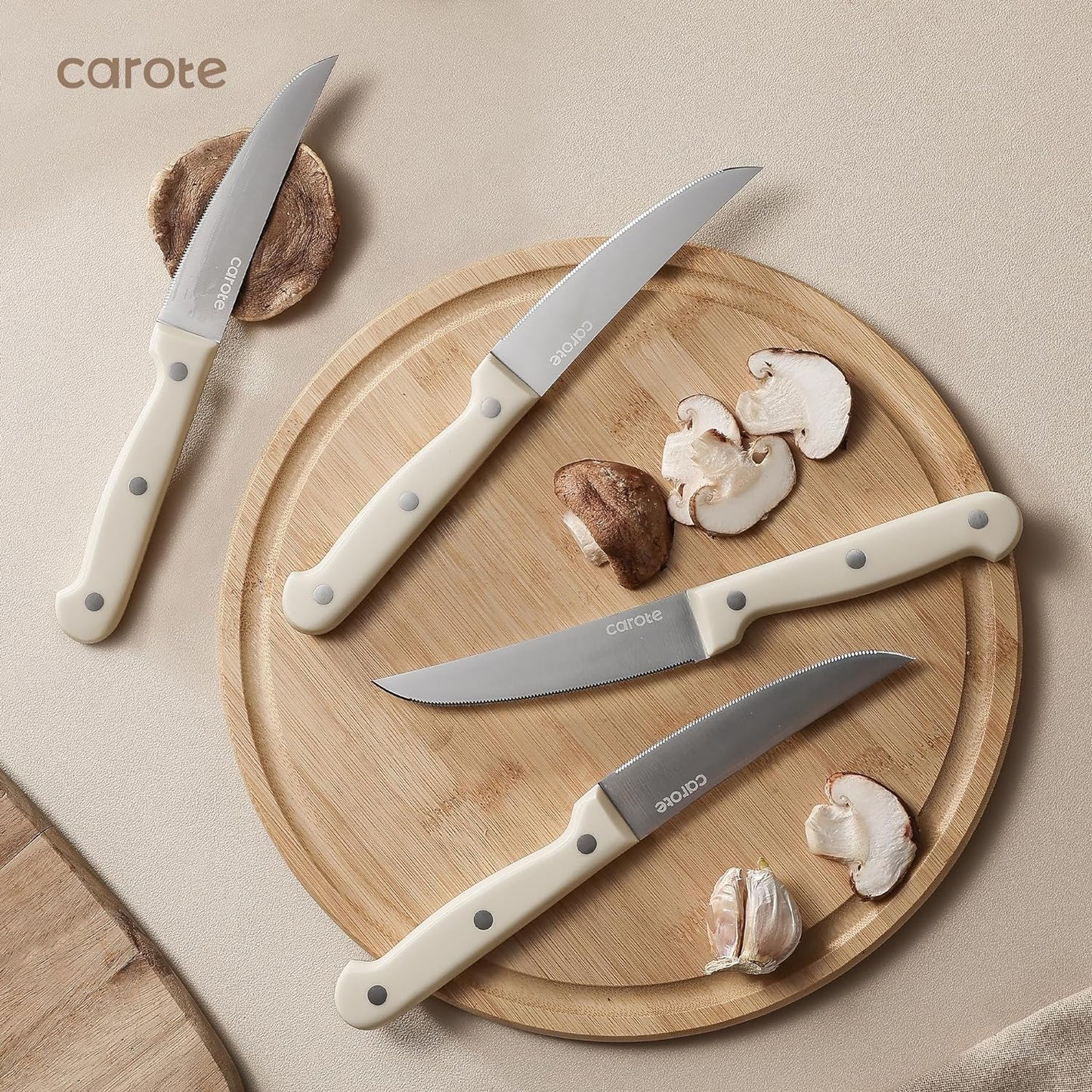 CAROTE 14-Piece Knife Set with Block, Forged, High-Carbon Stainless Steel Sharp Blade Block Knife Set, Dishwasher Safe, Cream Color