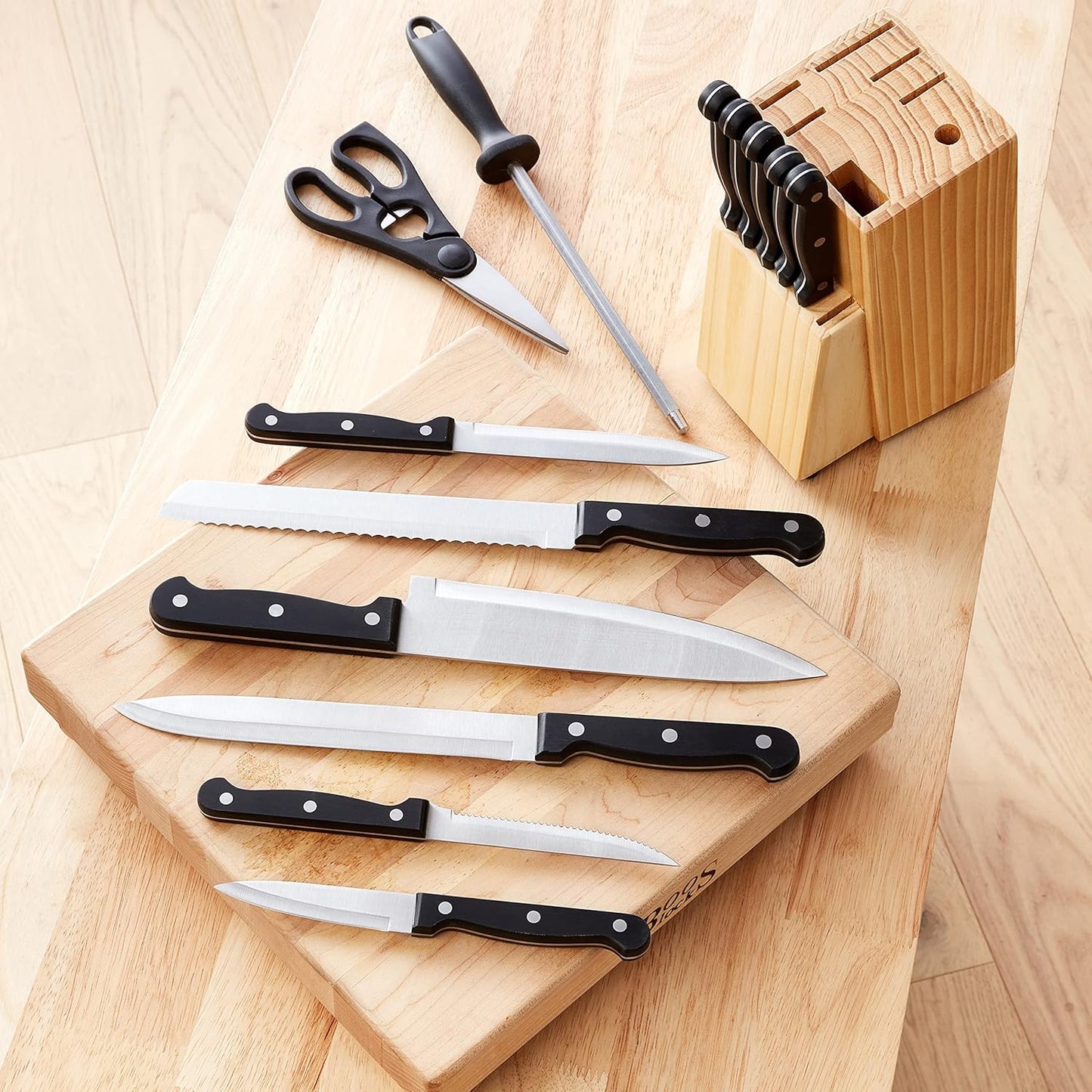 Amazon Basics 14-Piece High-Carbon Stainless Steel Kitchen Knife Set with Sharpener and Pine Wood Block, Black