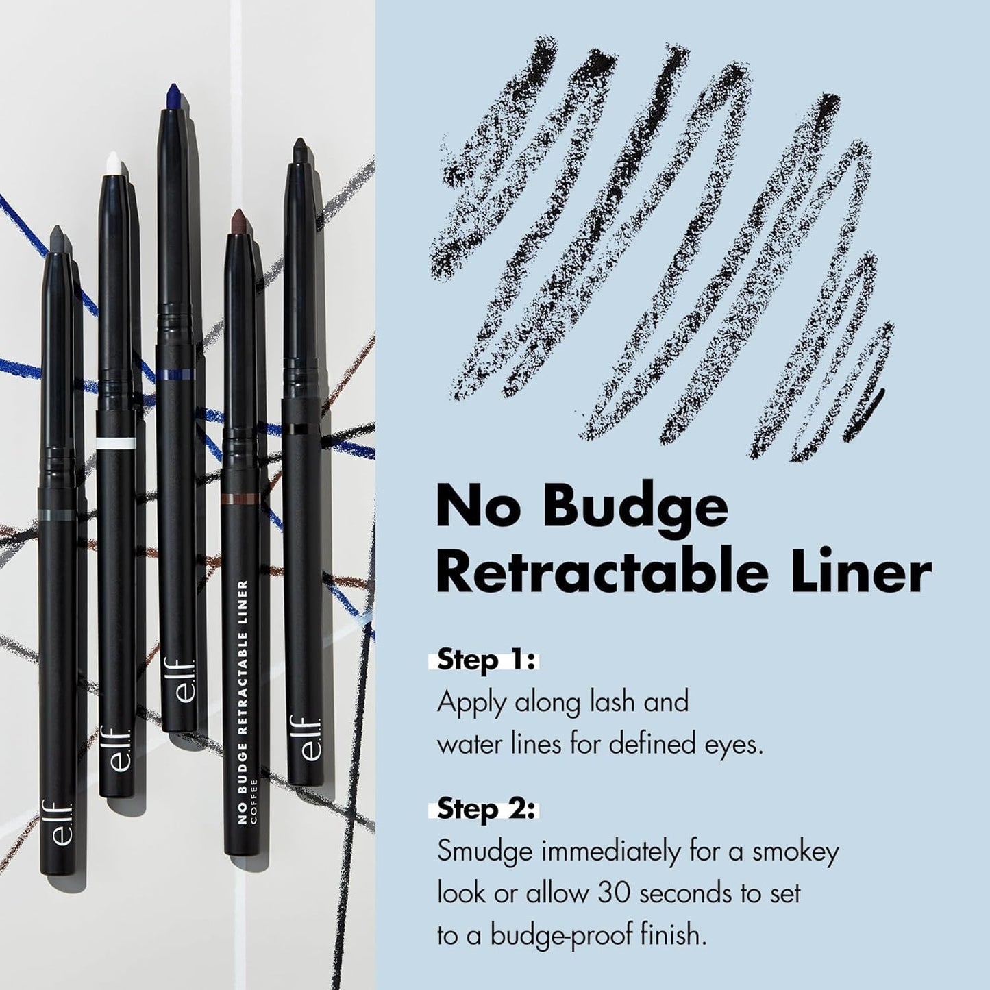 elf No Budge Retractable Eyeliner, Cream, Ultra-Purple and Waterproof, Creates Bold and Clear Lines, Vegan, Non-irritating, Black 0.2g