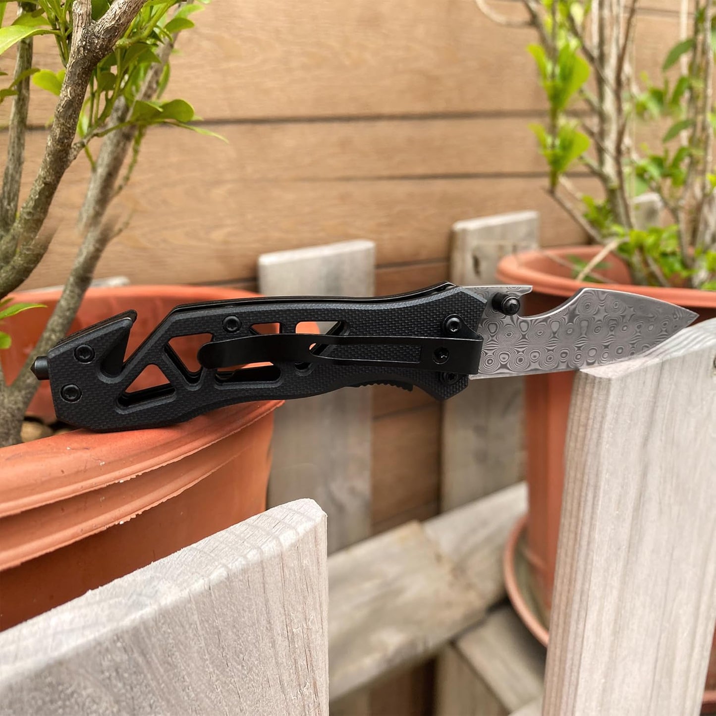 XIPHIAS Cool Folding Pocket Knife with Glass Breaker, Bottle Opener and Rope Cutter, Birthday Father's Day (Damascus)