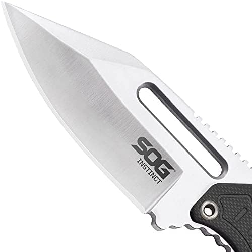 SOG Small Fixed Blade Knife - Instinct Boot Knife, EDC Knife, Neck Knife. It has a 2.3-inch (approx. 5.8 cm) full tang blade and comes with a knife sheath and a clip. The dimensions are 4 inches x 1 inch x 8.5 inches.