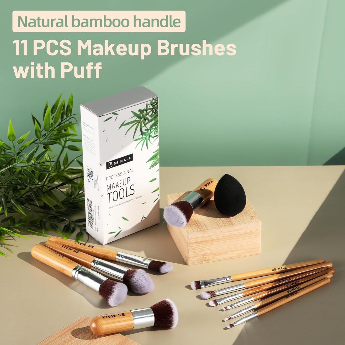 BS-MALL Makeup Brush Set, 11-piece Bamboo Synthetic Kabuki Makeup Brush Set. It includes foundation, powder, blending, concealer, eyeshadow, and blush makeup brushes, and comes with a storage bag and a makeup sponge.