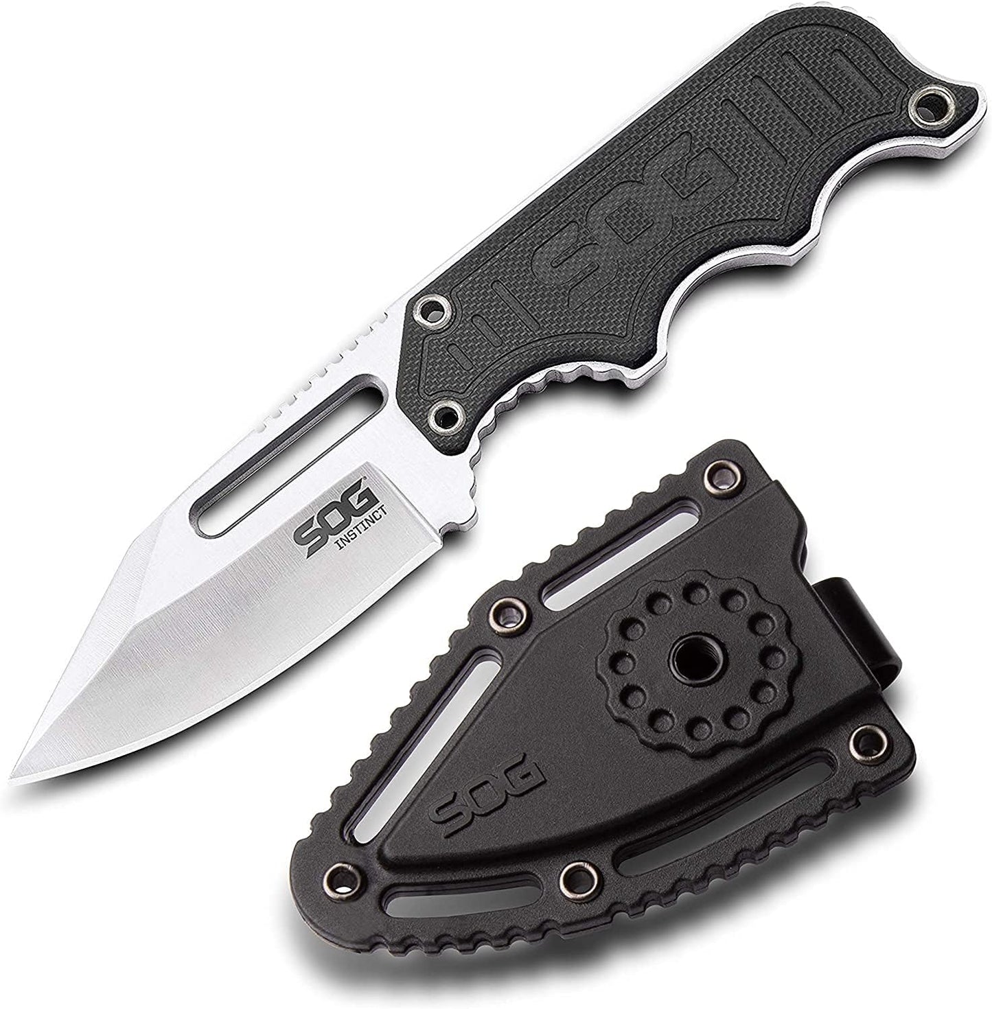 SOG Small Fixed Blade Knife - Instinct Boot Knife, EDC Knife, Neck Knife. It has a 2.3-inch (approx. 5.8 cm) full tang blade and comes with a knife sheath and a clip. The dimensions are 4 inches x 1 inch x 8.5 inches.