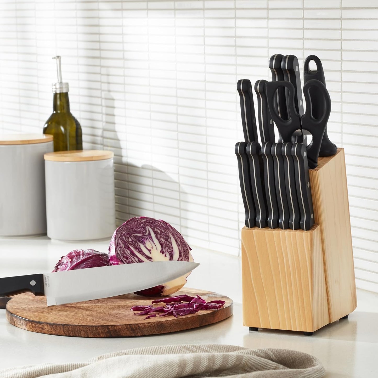 Amazon Basics 14-Piece High-Carbon Stainless Steel Kitchen Knife Set with Sharpener and Pine Wood Block, Black