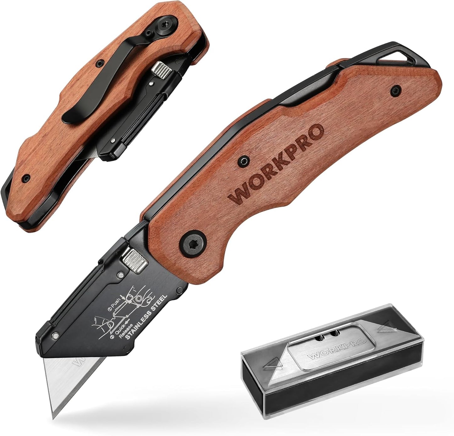 WORKPRO Folding Practical Knife with Stainless Steel Head, Quick Replacement of Blades and Rear Lock, Wooden Handle Heavy Duty Box Knife, 1 Razor Knife with 10 additional SK5 Blades